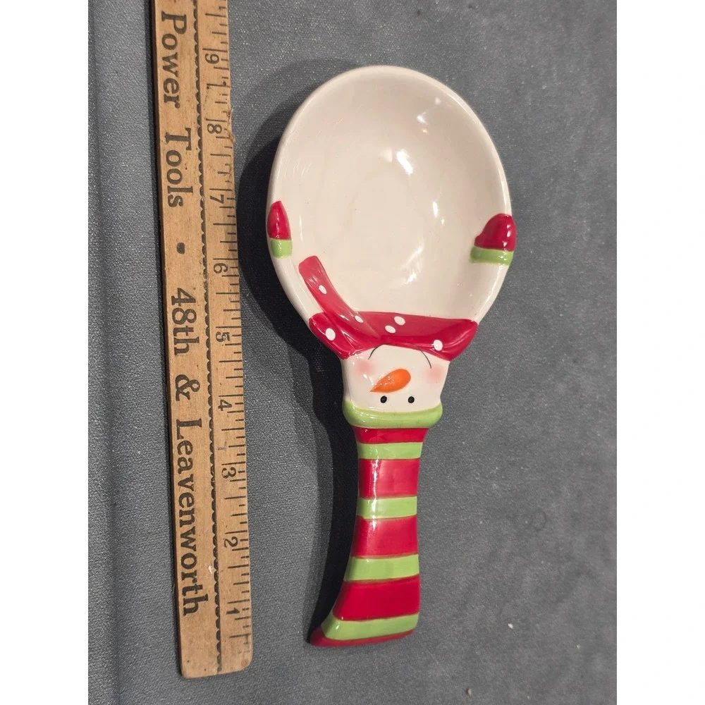 Christmas Snowman Ceramic Spoon Rest Holiday Kitchen Decor Red Green Striped Hat